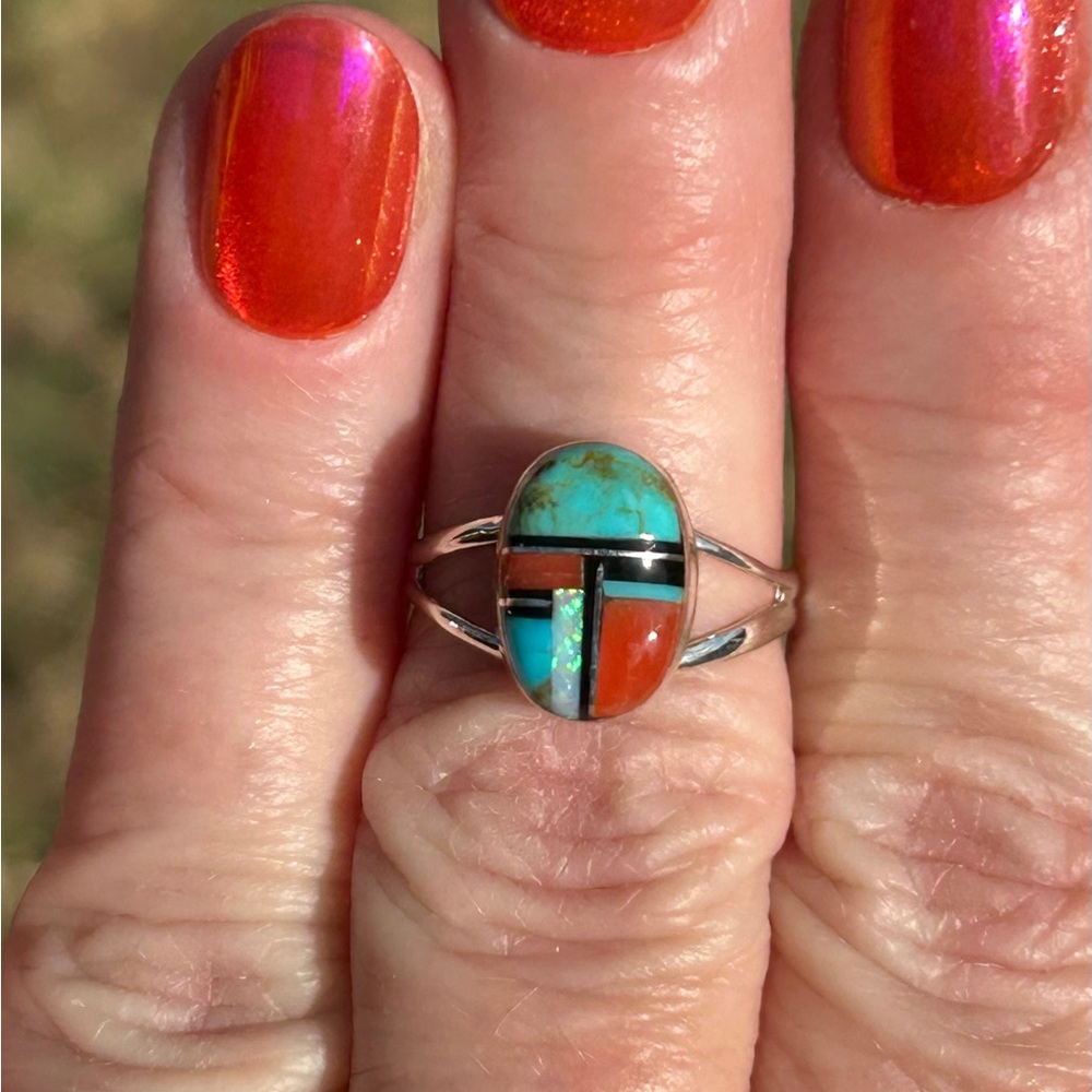 Zuni Navajo Made Sterling Silver Multi-Stone Inlay Ring - Picture 3 of 7